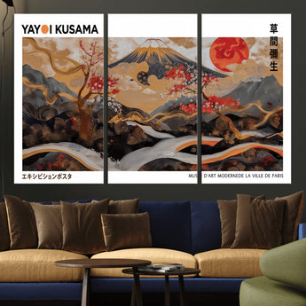 40959107-MGV-CV-36X24-Japanese Fuji Wall Art Print – Red Sun & Cherry Blossom Poster, Gold Wave Ukiyo-e Inspired Modern Japan Landscape Painting,