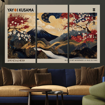 54967195-MGV-CV-36X24-Mount Fuji Wall Art – Japanese Cherry Blossom Abstract Canvas Print, Navy Gold Landscape Painting, Oriental Luxury Home Decor