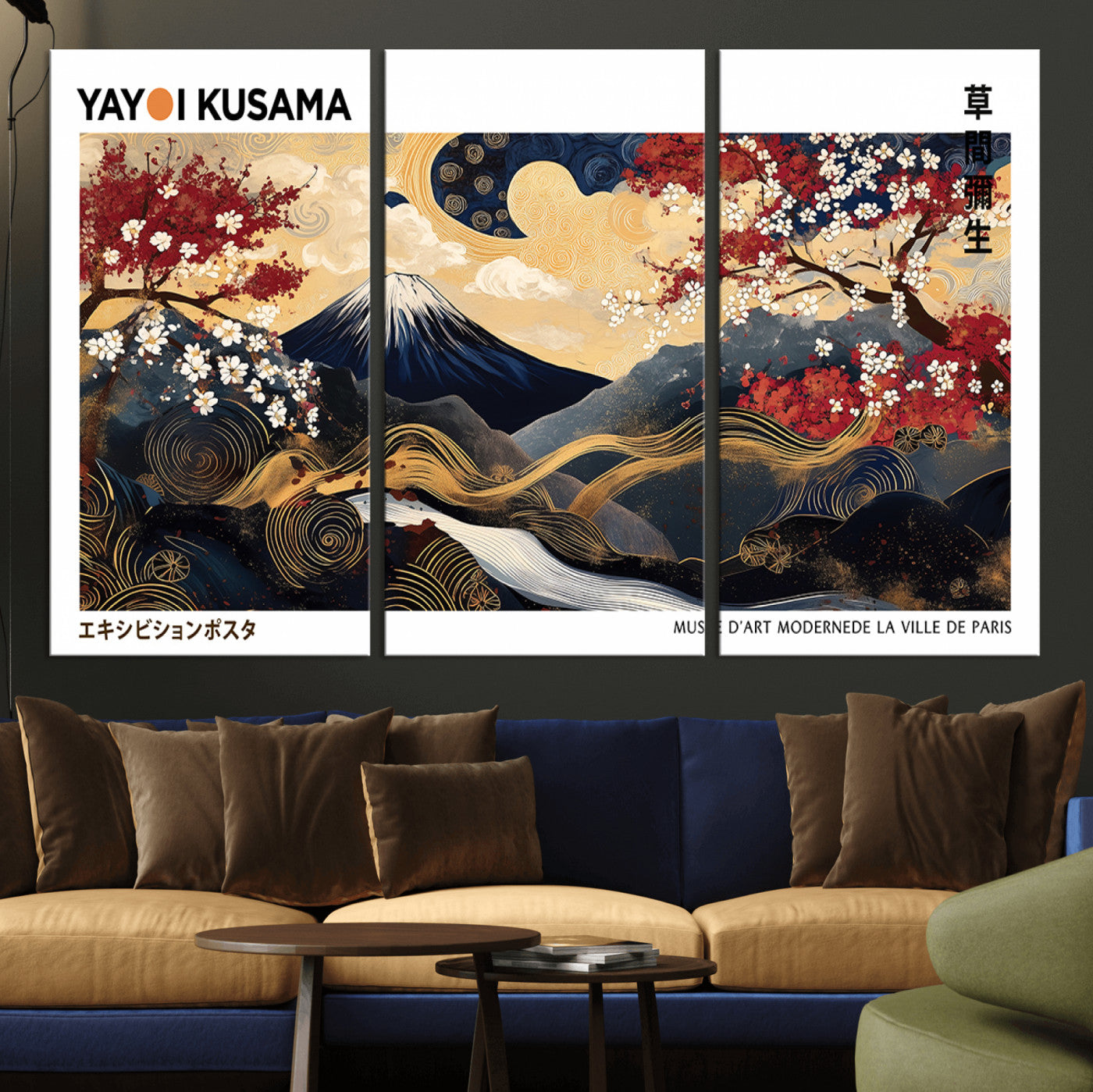 66243961-MGV-CV-36X24-Mount Fuji Japanese Wall Art – Golden Abstract Landscape Canvas Print, Cherry Blossom Painting, Modern Oriental Zen Home Decor