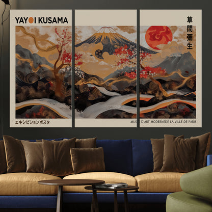 77970791-MGV-CV-36X24-Mount Fuji Golden Abstract Wall Art – Japanese Landscape Canvas Poster, Cherry Blossom & Red Sun Painting, Elegant Zen Oriental