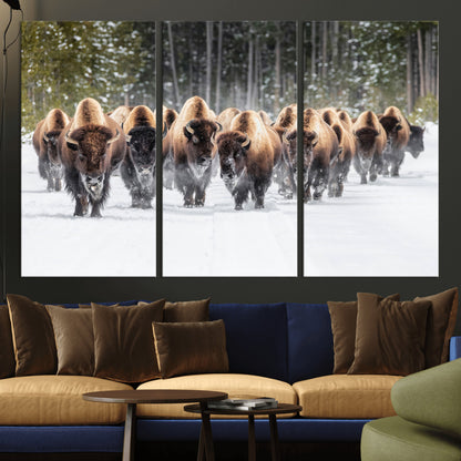 22695857-MGV-CV-36X24-Bison Herd Scene Wall Art Canvas Print, Framed Western Wildlife Art Picture Print, Rustic Animal Art Perfect Rustic Lodge Decor