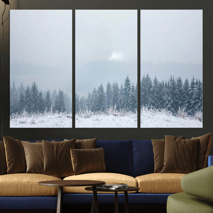 33033082-MGV-CV-36X24-Winter Forest Art Wall Art Canvas Print, Framed Snowy Landscape Art Picture Print, Misty Tree Scene Perfect Nordic Minimalist