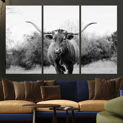 97280319-MGV-CV-36X24-Longhorn Photography Wall Art Canvas Print, Framed Western Cow Decor Art Picture Print, Texas Ranch Style Perfect Rustic Farmhouse