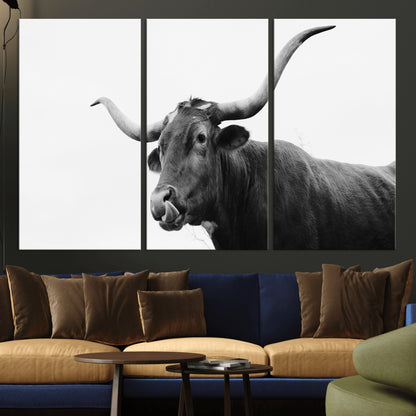 99244177-MGV-CV-36X24-Longhorn Photography Wall Art Canvas Print, Framed Western Cow Decor Art Picture Print, Black White Bull Perfect Modern Rustic
