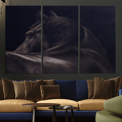 67026880-MGV-CV-36X24-Black Horse Portrait Wall Art Canvas Print, Framed Moody Horse Decor Art Picture Print, Equestrian Wall Style Perfect Masculine