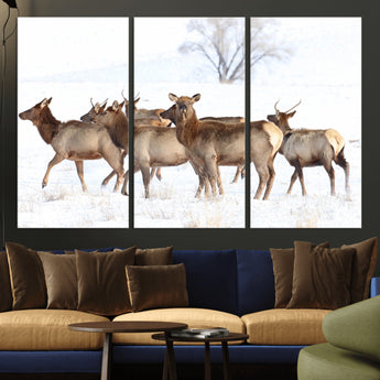 68738684-MGV-CV-36X24-Winter Elk Scene Wall Art Canvas Print, Framed Wildlife Photography Art Picture Print, Snowy Deer Decor Perfect Rustic Lodge Decor