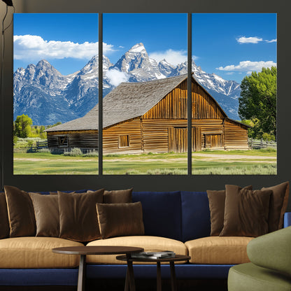 75948467-MGV-CV-36X24-Mountain Barn Scene Wall Art Canvas Print, Framed Rustic Farmhouse Style Art Picture Print, Country Cabin Decor Perfect Rustic