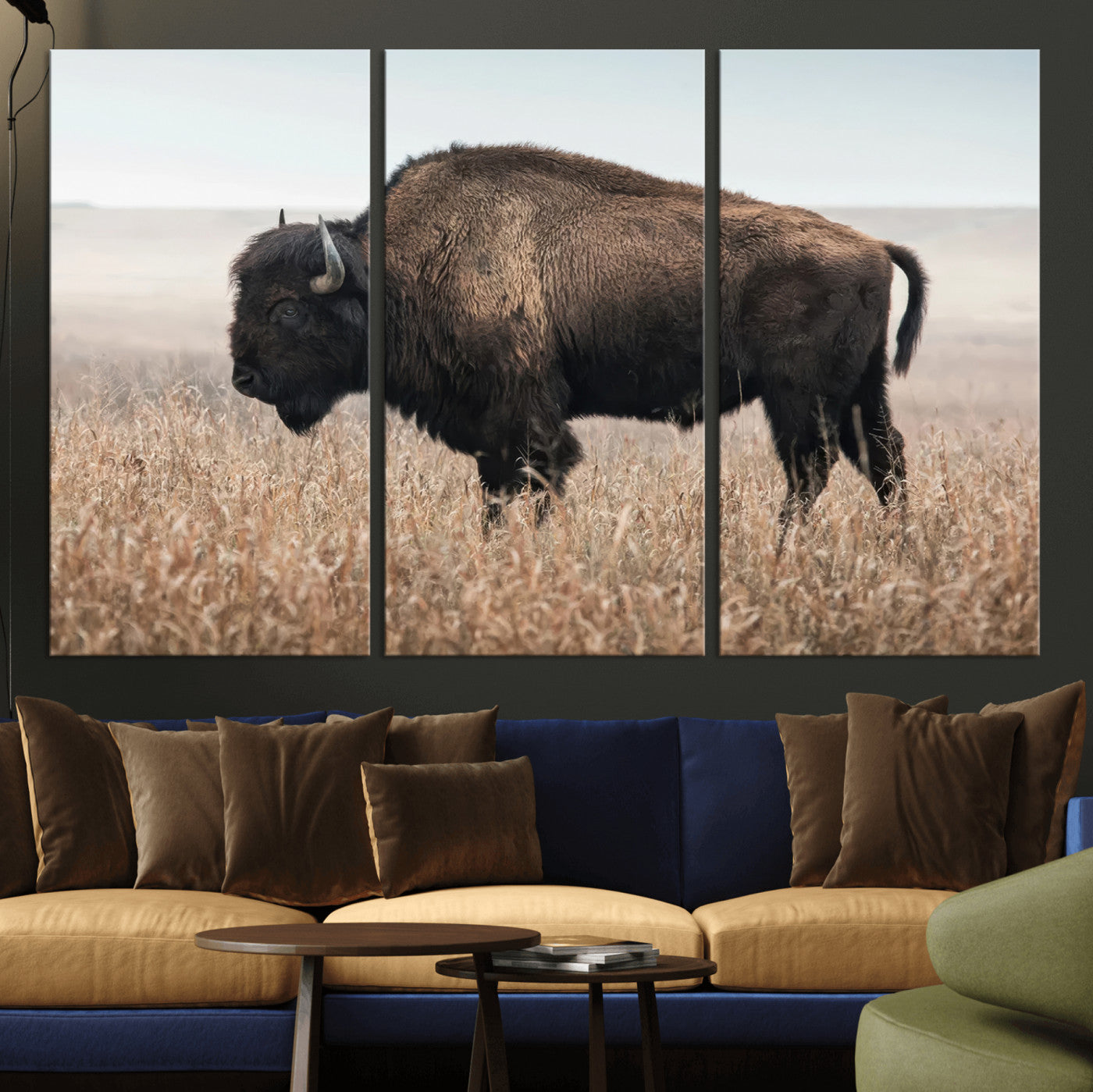 34451925-MGV-CV-36X24-Rustic Bison Decor Wall Art Canvas Print, Framed Buffalo Home Accent Art Picture Print, Prairie Wildlife Scene Perfect Western