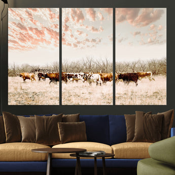 43704663-MGV-CV-36X24-Country Cow Herd Wall Art Canvas Print, Framed Farmhouse Cattle Scene Art Picture Print, Rustic Ranch Decor Perfect Rustic