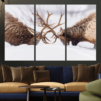 36507609-MGV-CV-36X24-Elk Clash Scene Wall Art Canvas Print, Framed Wildlife Strength Decor Art Picture Print, Snowy Forest Elk Perfect Rustic Lodge