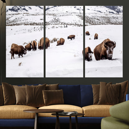 13891210-MGV-CV-36X24-Bison Herd Scene Wall Art Canvas Print, Framed Western Wildlife Decor Art Picture Print, Snowy Mountain Valley Perfect Rustic