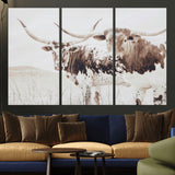 48161868-MGV-CV-36X24-Longhorn Cow Decor Wall Art Canvas Print, Framed Rustic Cattle Art Picture Print, Sepia Western Vibe Perfect Neutral Rustic