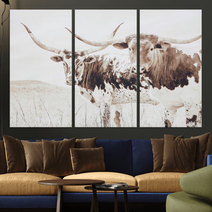 48161868-MGV-CV-36X24-Longhorn Cow Decor Wall Art Canvas Print, Framed Rustic Cattle Art Picture Print, Sepia Western Vibe Perfect Neutral Rustic