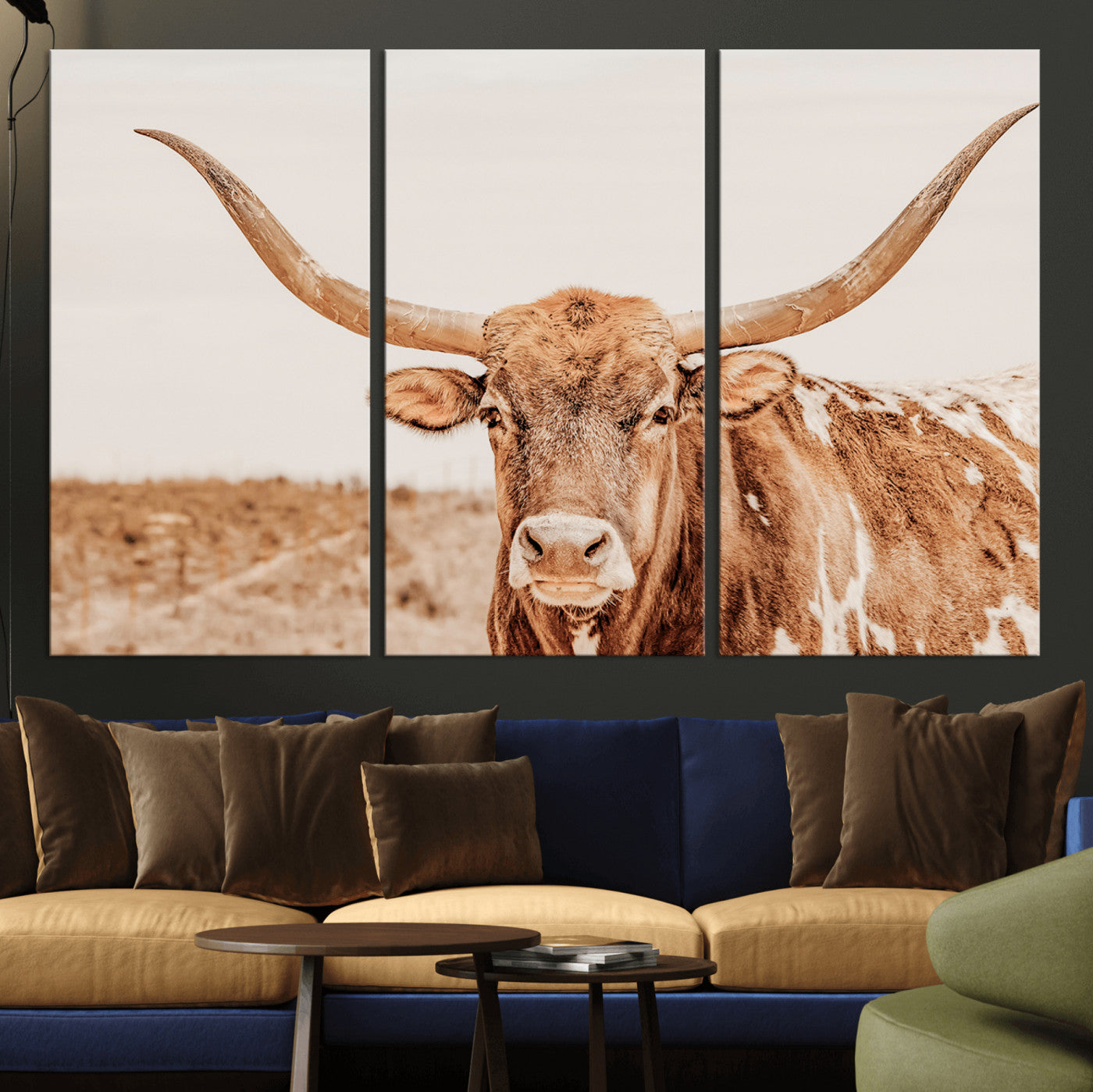 74406977-MGV-CV-36X24-Longhorn Bull Decor Wall Art Canvas Print, Framed Western Cow Theme Art Picture Print, Rustic Farmhouse Wall Perfect Neutral