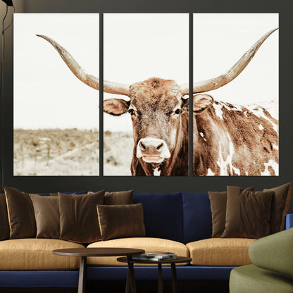 98924580-MGV-CV-36X24-Texas Longhorn Bull Wall Art Canvas Print, Framed Rustic Farmhouse Decor Art Picture Print, Western Animal Theme Perfect Rustic