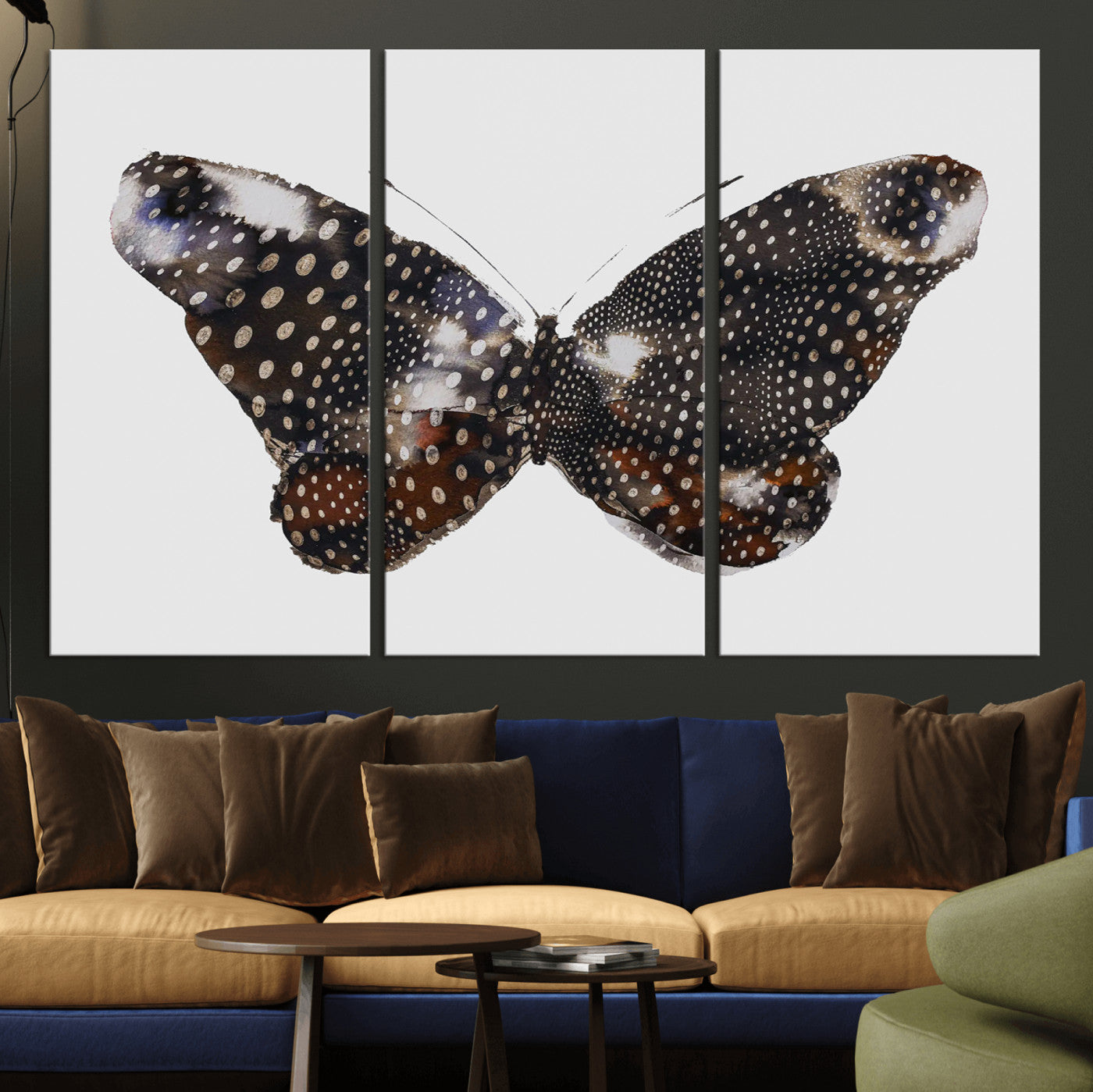 99831147-MGV-CV-48X32-3P-Spotted Butterfly Wall Art Canvas Print, Framed Neutral Insect Theme Art Picture Print, Earthy Wing Pattern Perfect Modern Rustic
