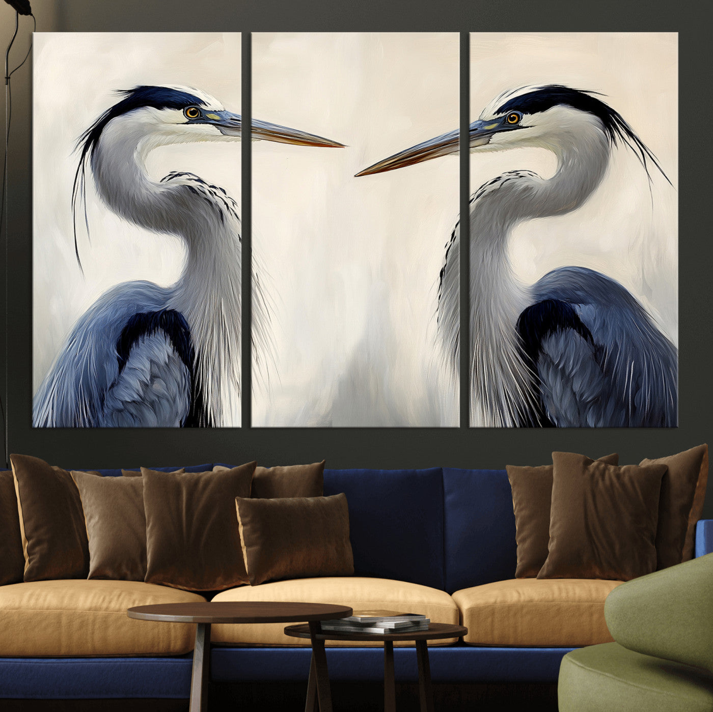 18230556-MGV-CV-36X24-Blue Heron Pair Wall Art Canvas Print, Framed Coastal Bird Theme Art Picture Print, Tranquil Wildlife Scene Perfect Coastal