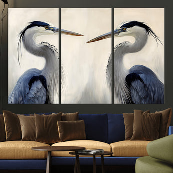 18230556-MGV-CV-36X24-Blue Heron Pair Wall Art Canvas Print, Framed Coastal Bird Theme Art Picture Print, Tranquil Wildlife Scene Perfect Coastal