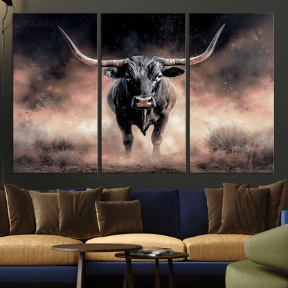 71457818-MGV-CV-36X24-Longhorn Wall Art Wall Art Canvas Print, Framed Western Bull Canvas Art Picture Print, Rustic Cow Decor Perfect Western Dramatic