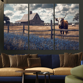 51092814-MGV-CV-36X24-Texas Longhorn Wall Art Wall Art Canvas Print, Framed Rustic Barn Canvas Art Picture Print, Farmhouse Cow Decor Perfect Rustic