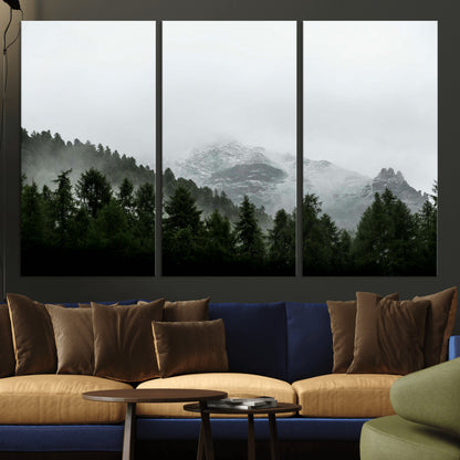 55968349-MGV-CV-36X24-Misty Mountains Wall Art Canvas Print, Framed Foggy Forest Art Picture Print, Snowy Peaks Perfect Moody Wilderness Decor Artwork