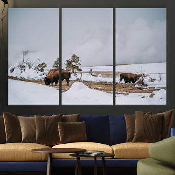 60308289-MGV-CV-36X24-Bison Wildlife Wall Art Canvas Print, Framed Snowy Prairie Art Picture Print, Western Landscape Perfect Rustic Winter Decor