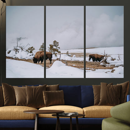 60308289-MGV-CV-36X24-Bison Wildlife Wall Art Canvas Print, Framed Snowy Prairie Art Picture Print, Western Landscape Perfect Rustic Winter Decor