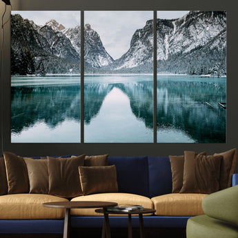 73098373-MGV-CV-36X24-Mountain Lake Wall Art Canvas Print, Framed Winter Wonderland Art Picture Print, Snowy Peaks Perfect Modern Nature Decor Artwork
