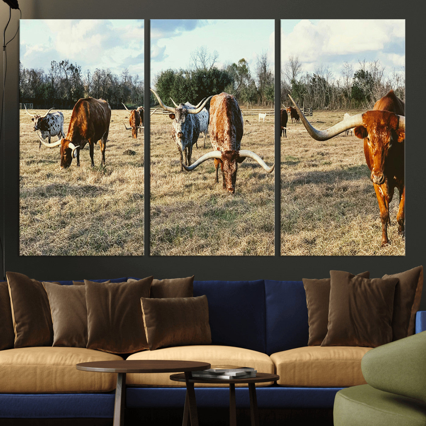 39144651-MGV-CV-36X24-Texas Longhorns Wall Art Canvas Print, Framed Rustic Farm Scene Art Picture Print, Western Cattle Perfect Rustic Farmhouse Decor