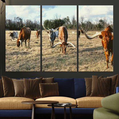 39144651-MGV-CV-36X24-Texas Longhorns Wall Art Canvas Print, Framed Rustic Farm Scene Art Picture Print, Western Cattle Perfect Rustic Farmhouse Decor