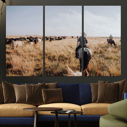 22431577-MGV-CV-36X24-Western Wall Art Wall Art Canvas Print, Framed Cowboy Canvas Art Picture Print, Cattle Drive Scene Perfect Rustic Western Decor