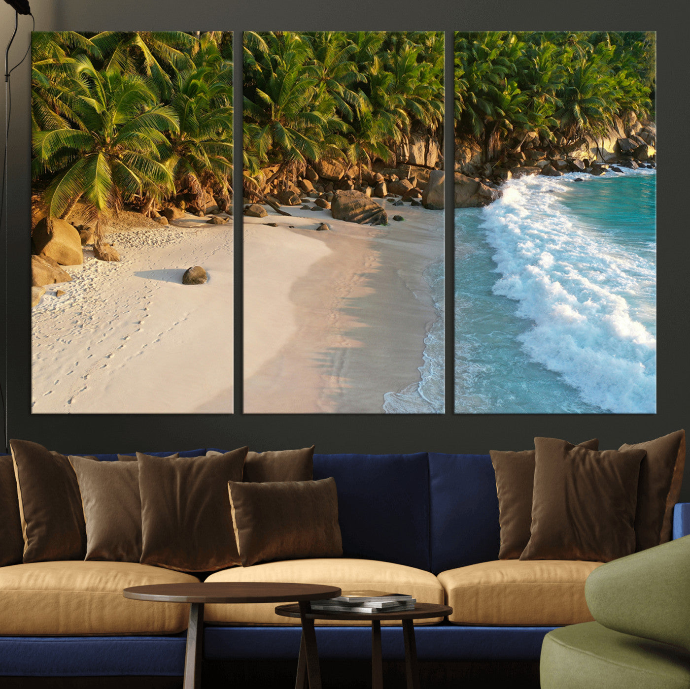 82312665-MGV-CV-36X24-Tropical Beach Wall Art Canvas Print, Framed Ocean Waves Art Picture Print, Palm Trees Perfect Coastal Minimalist Decor Artwork