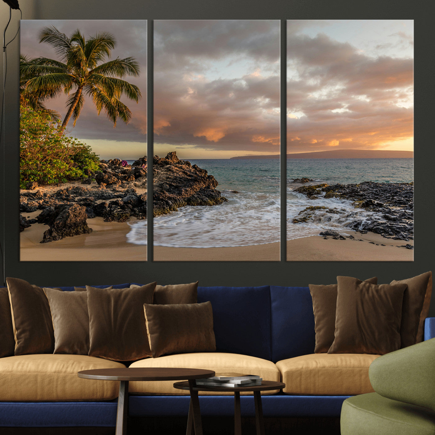 55108220-MGV-CV-36X24-Tropical Beach Wall Art Canvas Print, Framed Hawaiian Sunset Art Picture Print, Ocean Waves Perfect Coastal Tropical Decor Artwork