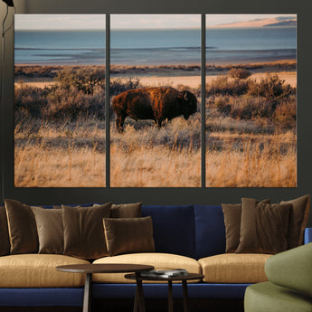 39509187-MGV-CV-36X24-Western Wildlife Wall Art Canvas Print, Framed Bison Art Picture Print, Golden Hour Perfect Western Rustic Decor Artwork
