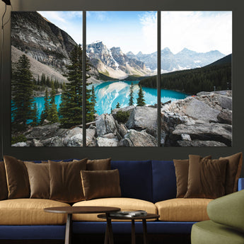 98014896-MGV-CV-36X24-Canadian Rockies Wall Art Canvas Print, Framed Mountain Landscape Art Picture Print, Turquoise Water Perfect Scandinavian