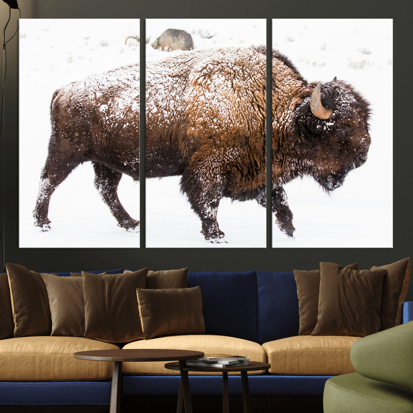 94261165-MGV-CV-48X32-3P-Snowy Buffalo Wall Art Canvas Print, Framed Wildlife Photography Art Picture Print, Brown Tones Perfect Rustic Lodge Decor Decor