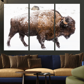 94261165-MGV-CV-48X32-3P-Snowy Buffalo Wall Art Canvas Print, Framed Wildlife Photography Art Picture Print, Brown Tones Perfect Rustic Lodge Decor Decor