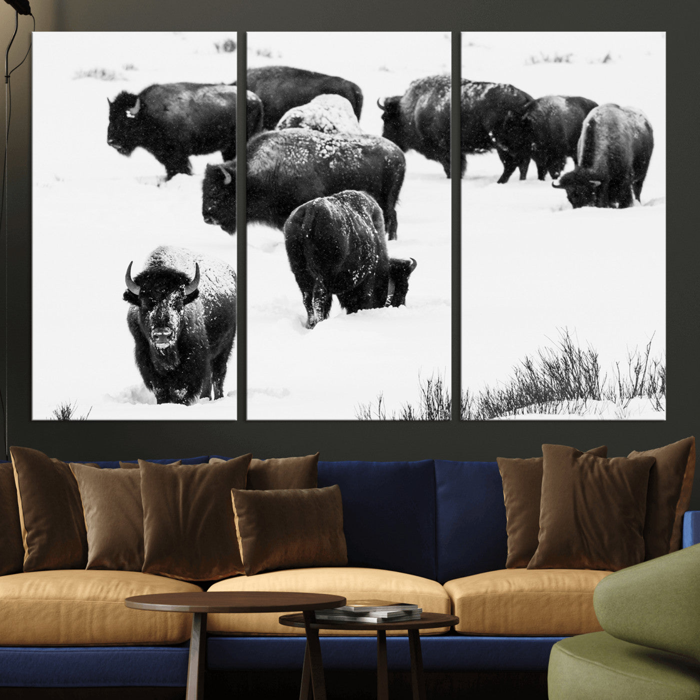 18914414-MGV-CV-36X24-Buffalo Herd Wall Art Canvas Print, Framed Black and White Art Picture Print, Snowy Landscape Perfect Rustic Lodge Decor Decor