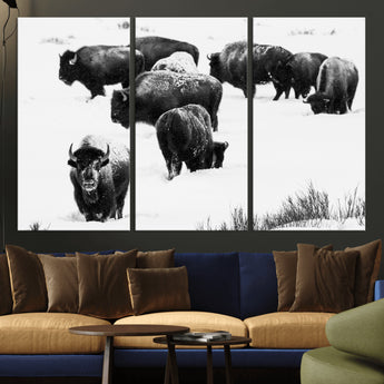 18914414-MGV-CV-36X24-Buffalo Herd Wall Art Canvas Print, Framed Black and White Art Picture Print, Snowy Landscape Perfect Rustic Lodge Decor Decor