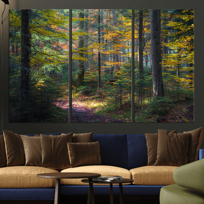 65810864-MGV-CV-36X24-Autumn Forest Wall Art Canvas Print, Framed Fall Woodland Art Picture Print, Golden Leaves Perfect Rustic Farmhouse Decor Artwork