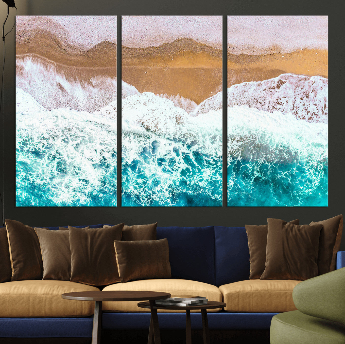 26870666-MGV-CV-36X24-Aerial Beach Wall Art Canvas Print, Framed Ocean Waves Art Picture Print, Coastal Landscape Perfect Coastal Minimalist Decor