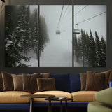 87018452-MGV-CV-36X24-Ski Lift Wall Art Canvas Print, Framed Snowy Pines Art Picture Print, Misty Landscape Perfect Winter Serenity Decor Artwork