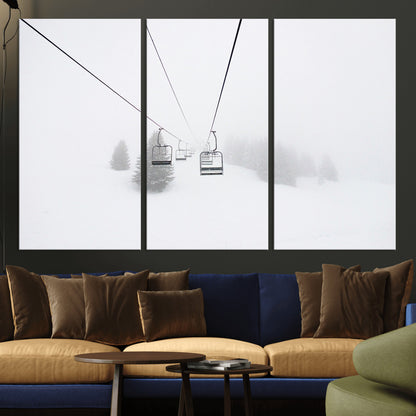 20216390-MGV-CV-36X24-Ski Lift Wall Art Canvas Print, Framed Snowy Landscape Art Picture Print, Alpine Adventure Perfect Nordic Minimalist Decor Artwork