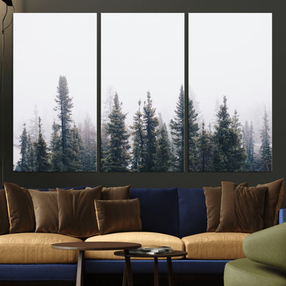 42364796-MGV-CV-36X24-Foggy Forest Wall Art Canvas Print, Framed Misty Pines Art Picture Print, Moody Woodland Perfect Scandinavian Minimalist Decor