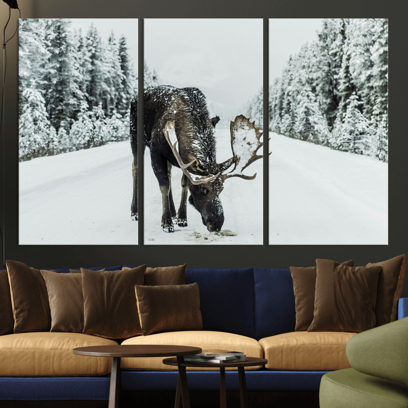 13316292-MGV-CV-36X24-Moose in Snow Wall Art Canvas Print, Framed Winter Wildlife Art Picture Print, Snowy Forest Scene Perfect Rustic Lodge Decor