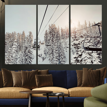 91534512-MGV-CV-36X24-Frosty Pines Wall Art Canvas Print, Framed Cozy Cabin View Art Picture Print, Ski Lift Ride Perfect Rustic Lodge Decor Artwork