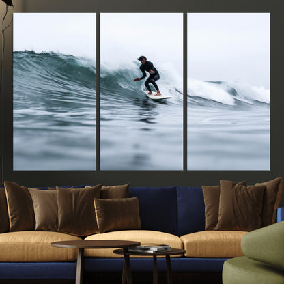11693607-MGV-CV-36X24-Surfer on Wave Wall Art Canvas Print, Framed Ocean Adventure Art Picture Print, Motion Blur Water Perfect Coastal Adventure Decor