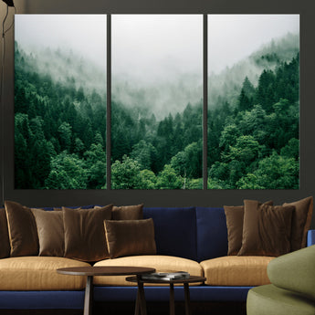 45265379-MGV-CV-36X24-Misty Forest Wall Art – Green Mountain Pine Tree Landscape Canvas Print, Nature Photography Artwork Home Decor for Bedroom, Living