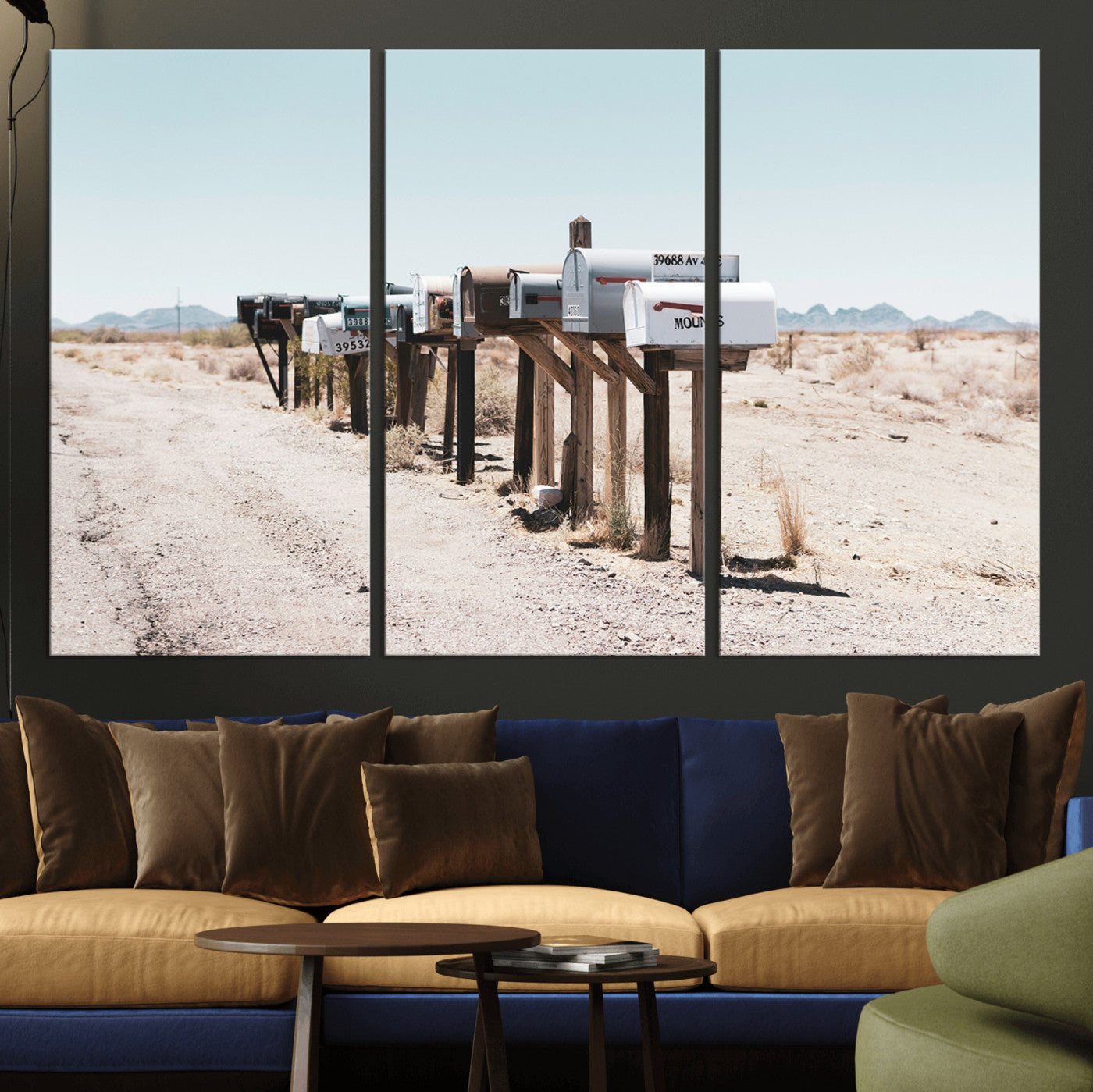 54616109-MGV-CV-48X32-3P-Desert Mailboxes Wall Art – Rustic Rural Roadside Photography Canvas Print, American Southwest Landscape Home Decor for Living