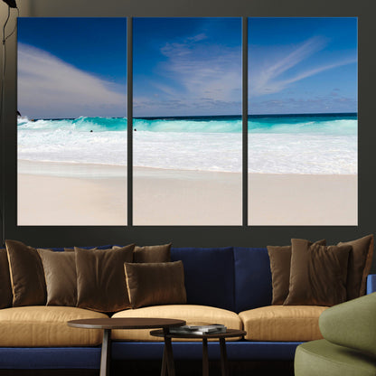 55017356-MGV-CV-36X24-Ocean Beach Wall Art – Turquoise Wave and White Sand Shoreline Canvas Print, Coastal Seascape Photography Decor for Living Room,